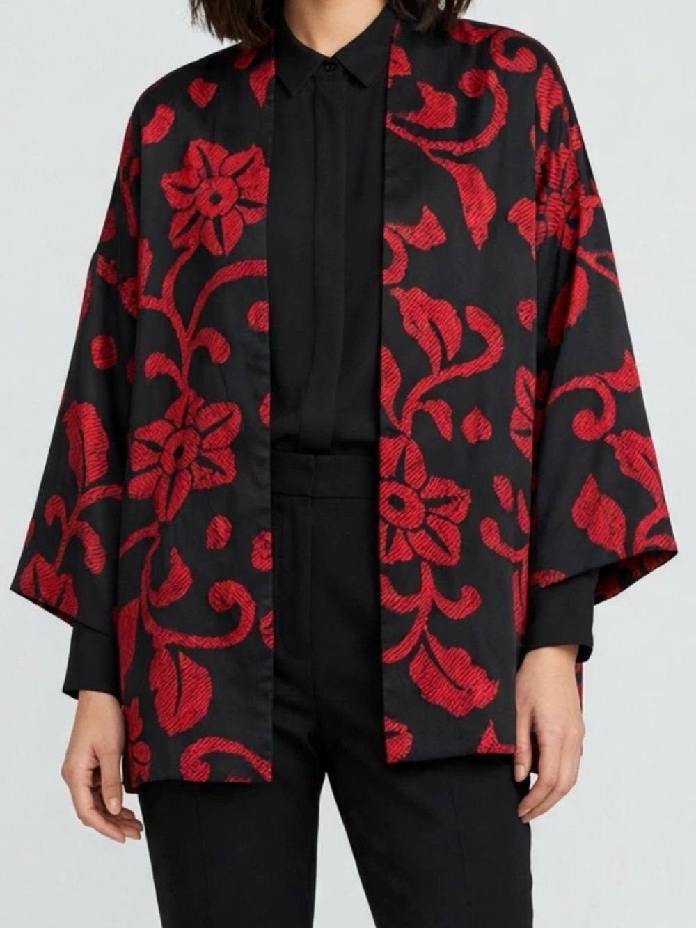 Chico's Festive Fleur Reversible Kimono S/M Red Black Floral Ruana Cardigan